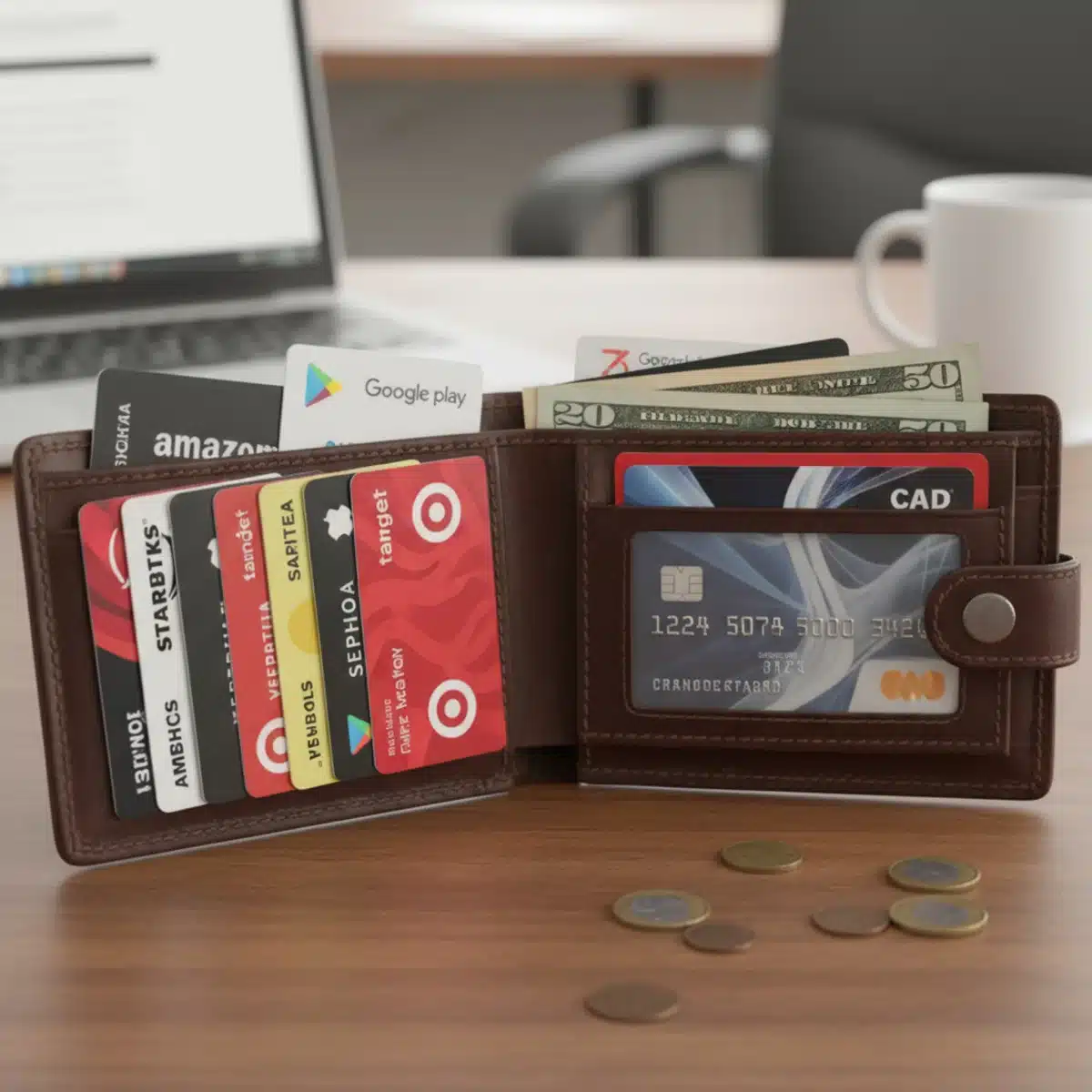 Cartera con varias tarjetas de regalo físicas, una tarjeta de crédito y efectivo, mostrando herramientas de ahorro.