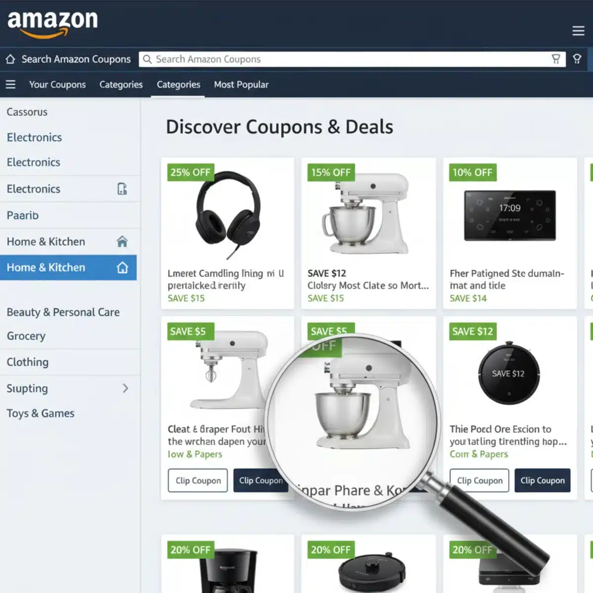 Interfaz de Amazon mostrando la sección de cupones, con diversas ofertas destacadas y un botón para 'recortar cupón'.