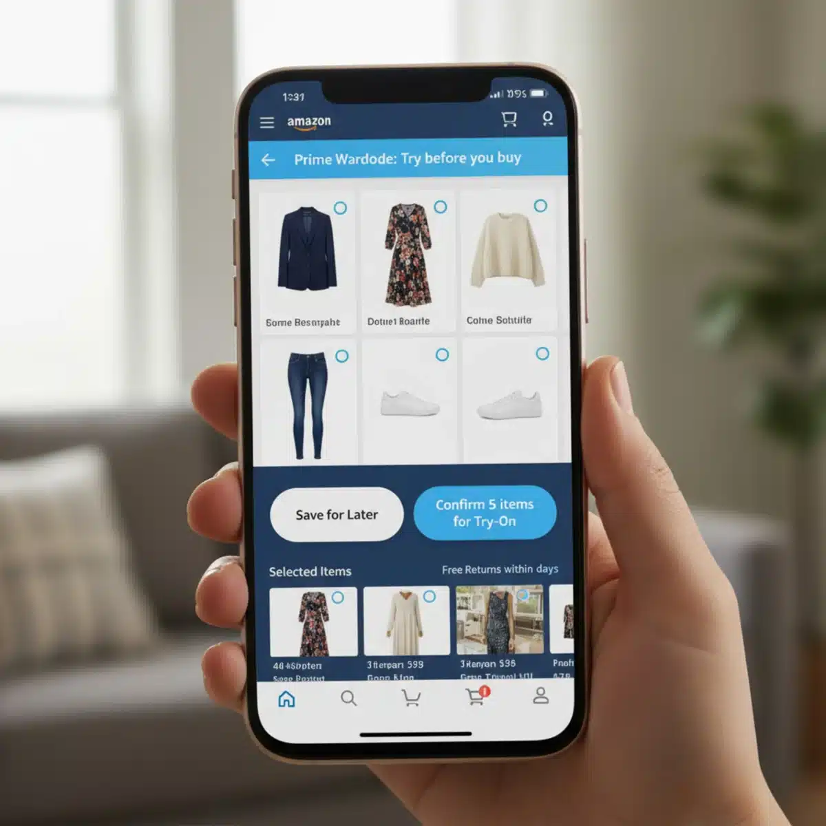 Interfaz de la aplicación de Amazon mostrando la selección de artículos en Prime Wardrobe.