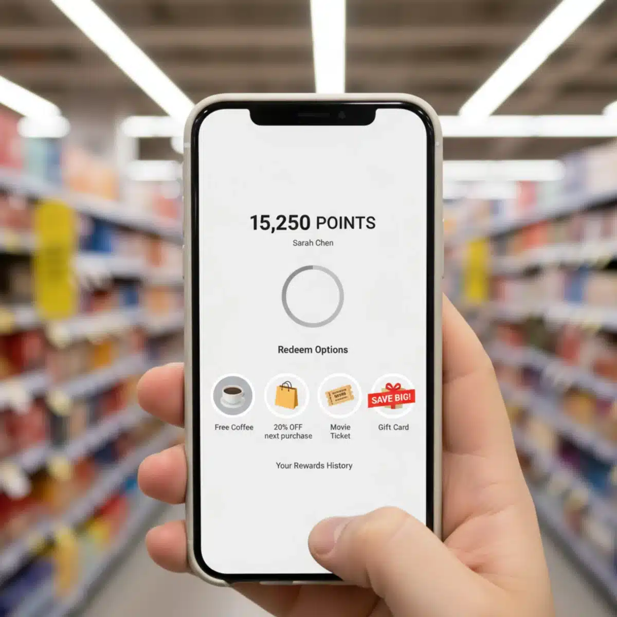 Pantalla de smartphone con interfaz de programa de fidelidad, mostrando puntos acumulados y opciones de canje, incluyendo una oferta de descuento del 20% en una tienda minorista.