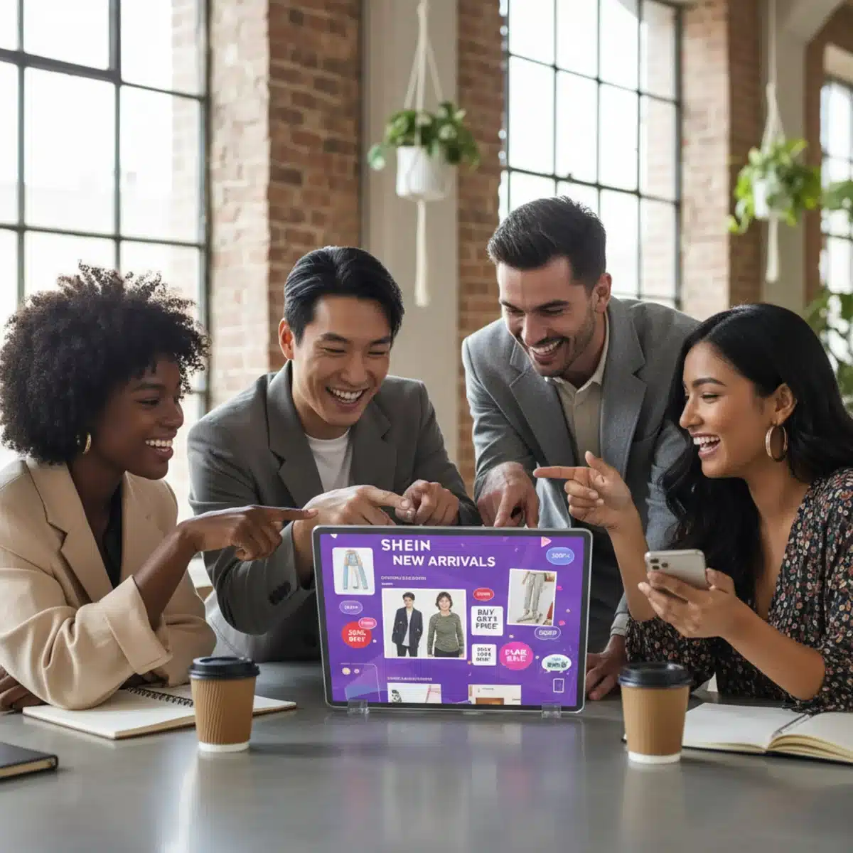 Grupo de jóvenes explorando nuevas ofertas y cupones de SHEIN en una tablet.
