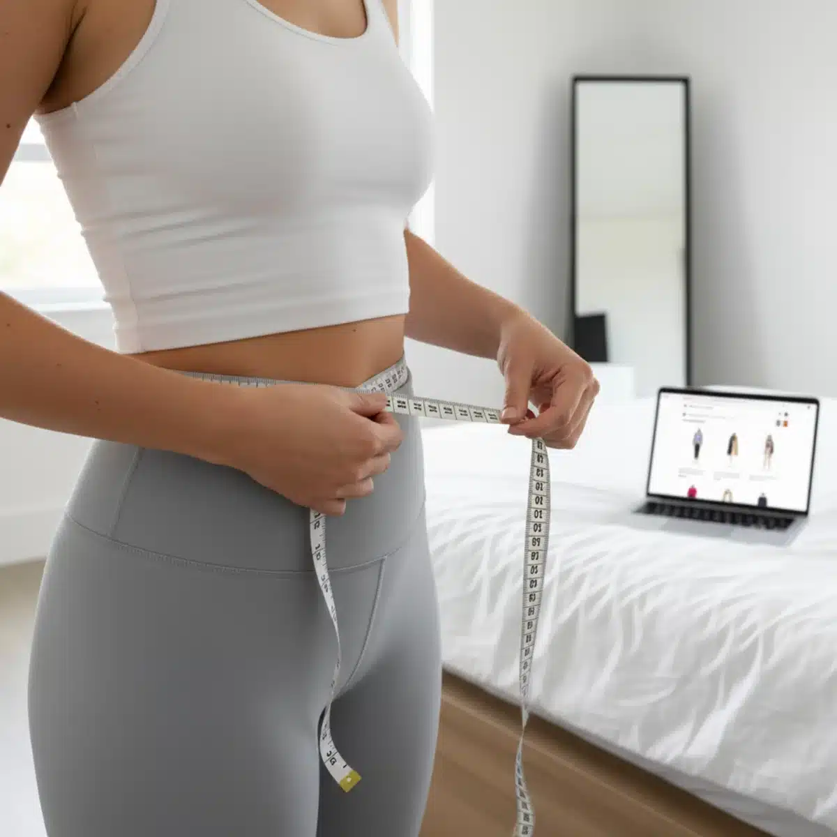 Persona midiendo su cintura con una cinta métrica flexible para asegurar la talla correcta en SHEIN.