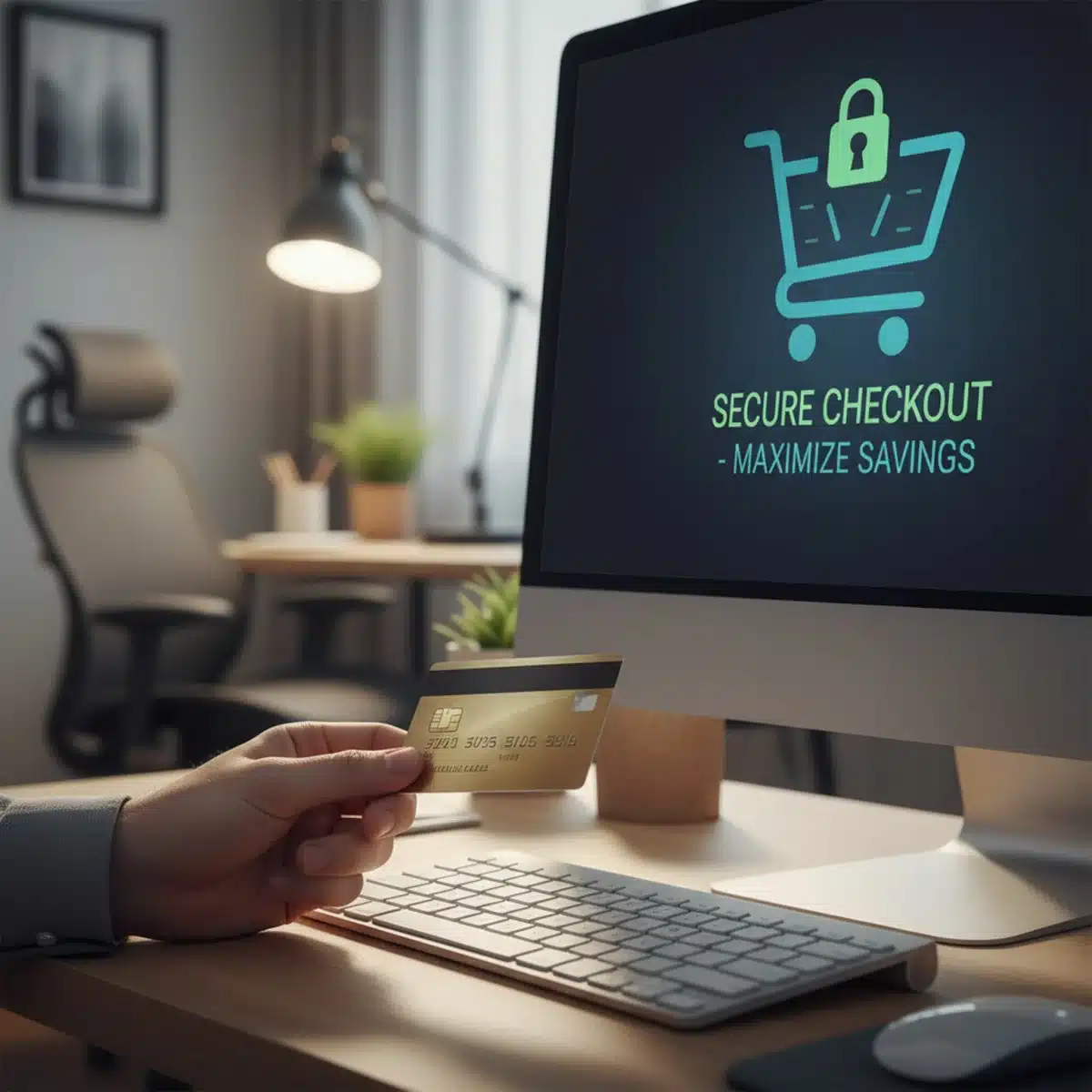 Mano sosteniendo una tarjeta de crédito junto a un teclado de ordenador, con un carrito de compras en pantalla, simbolizando transacciones seguras y métodos de pago para ahorrar.