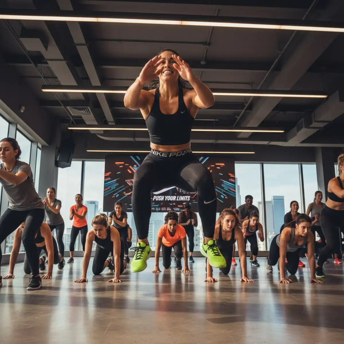 Miembro de Nike Training Club participando en una clase de fitness grupal exclusiva en Estados Unidos.