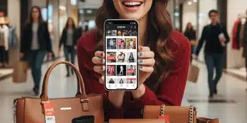 Mujer feliz usando la aplicación de SHEIN con cupones de descuento.
