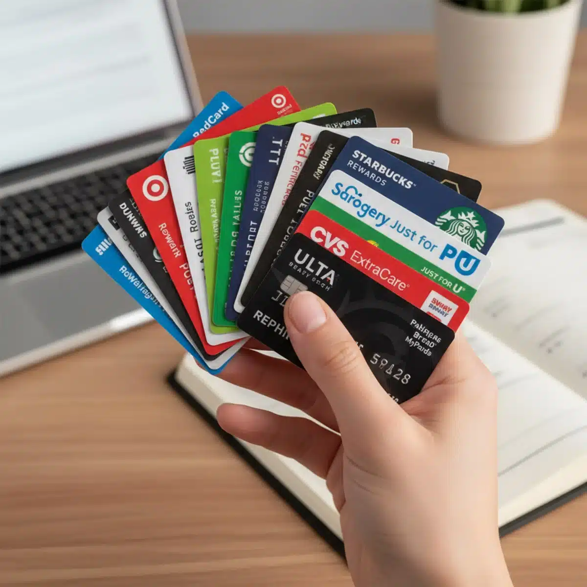 Mano sosteniendo varias tarjetas de fidelización de diferentes tiendas en Estados Unidos.