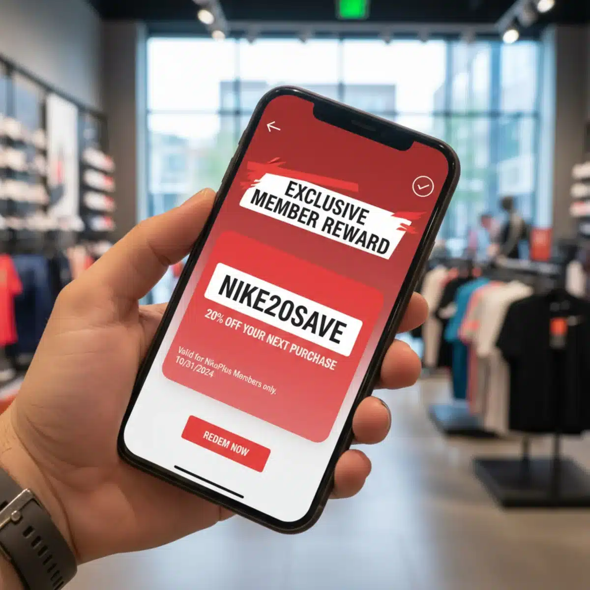 Pantalla de smartphone con la aplicación Nike mostrando un código de descuento exclusivo para miembros en USA.