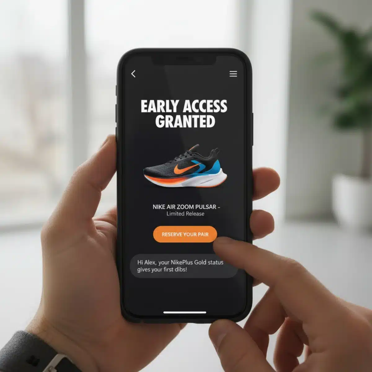 Pantalla de smartphone con la aplicación Nike mostrando una oferta personalizada para miembros.