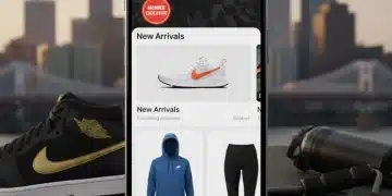 Pantalla de la Nike App mostrando recompensas exclusivas para miembros en Estados Unidos, con zapatillas y ropa deportiva de fondo.