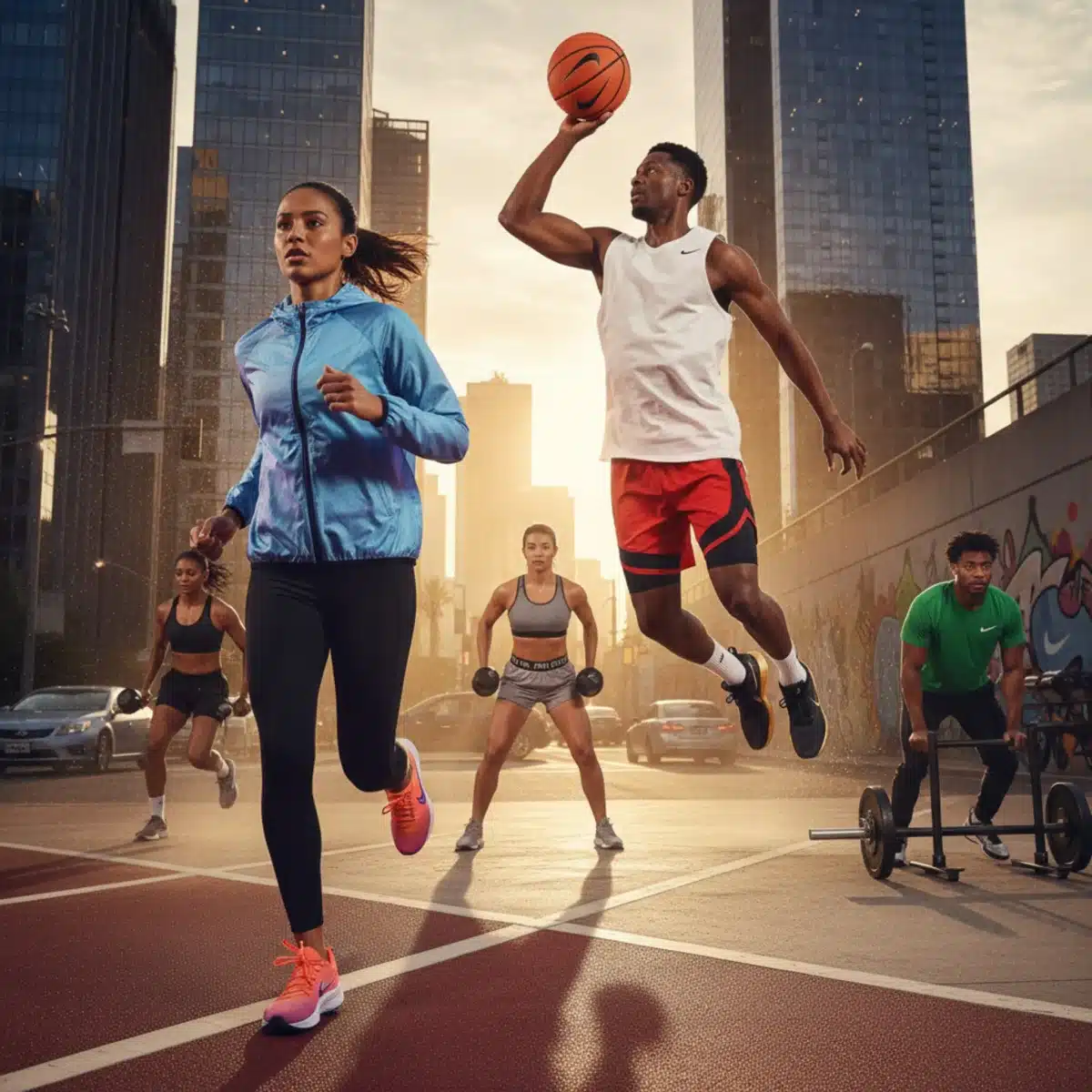 Grupo diverso de atletas vistiendo la nueva colección de ropa y zapatillas Nike en un entorno urbano y moderno.
