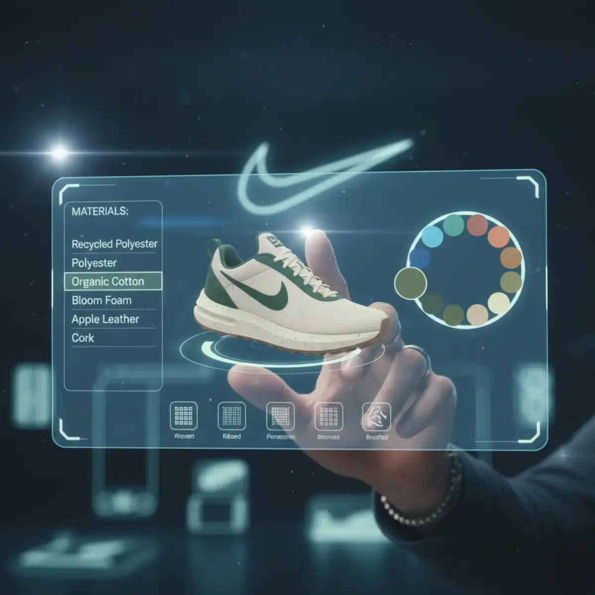 Interfaz de diseño virtual Nike By You mostrando la selección de materiales sostenibles y colores para una zapatilla personalizada.
