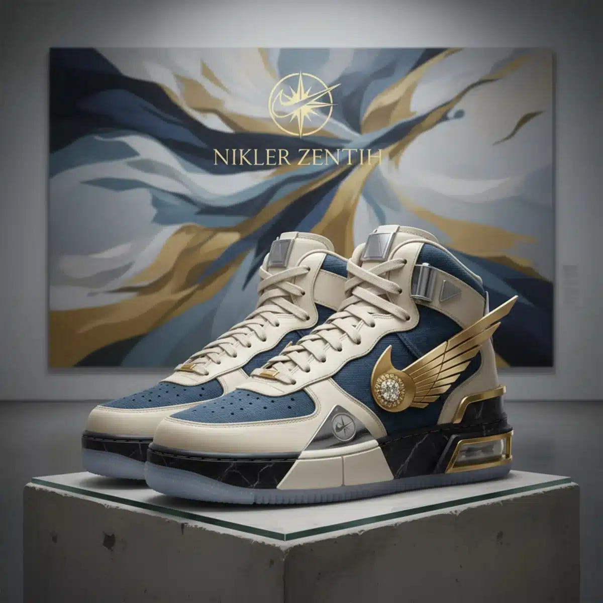 Representación artística de una posible colaboración entre Nike y una marca de moda de lujo o un artista renombrado, mostrando un diseño único.