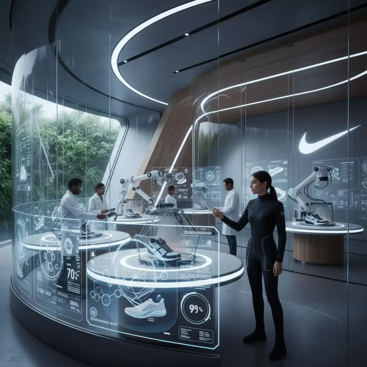 Laboratorio de investigación y desarrollo de Nike, con enfoque en innovación y sostenibilidad.