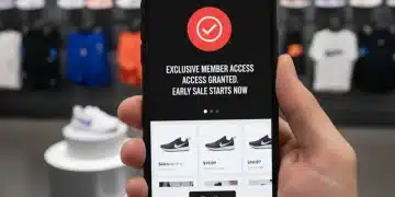Pantalla de móvil con la aplicación Nike mostrando una oferta exclusiva para miembros, con zapatillas y ropa Nike de fondo.