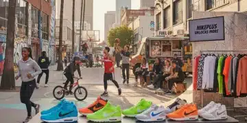 Zapatillas y ropa Nike con un cartel de 25% de descuento, destacando beneficios exclusivos para miembros en Estados Unidos.