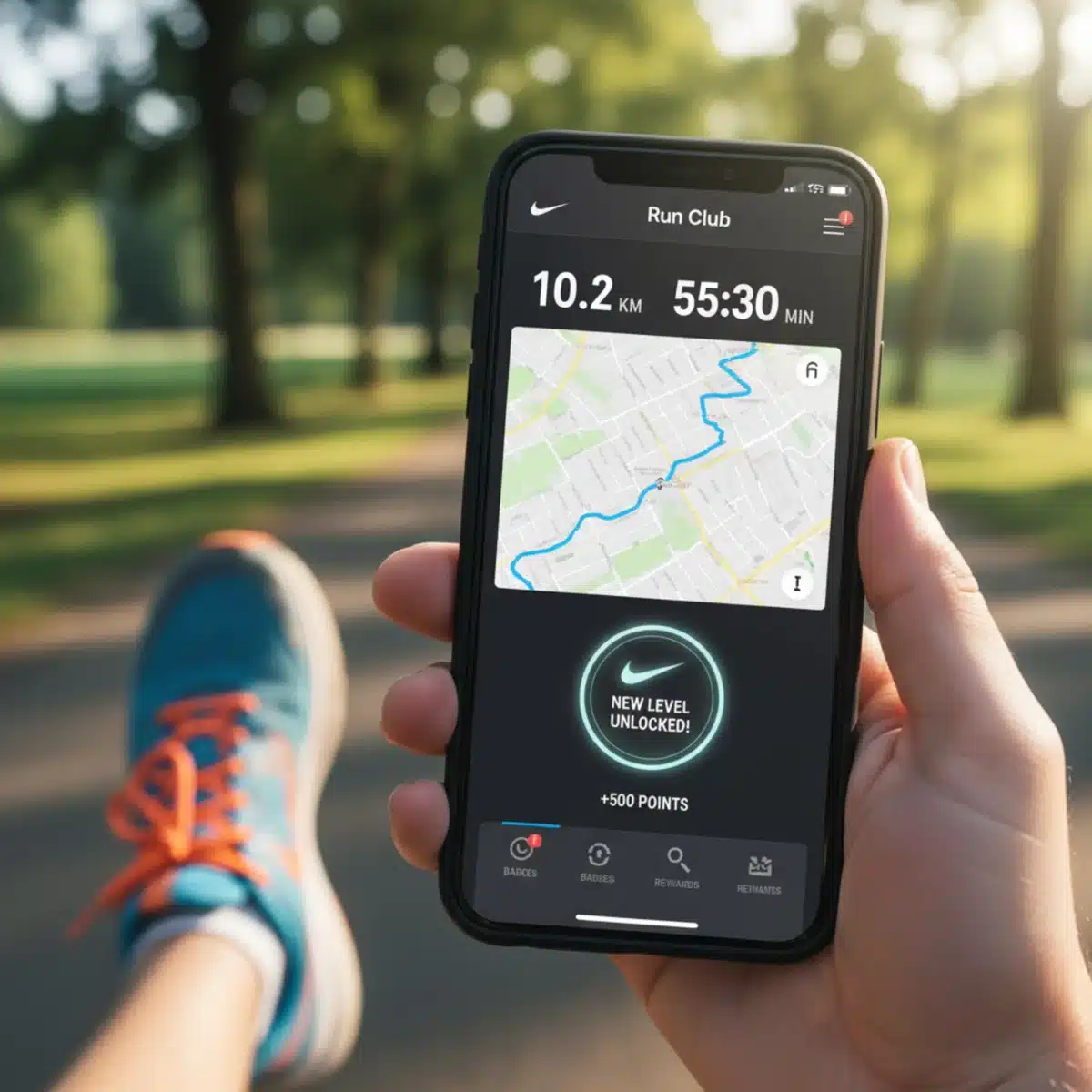 Pantalla de la aplicación Nike Run Club mostrando recompensas obtenidas tras una carrera.