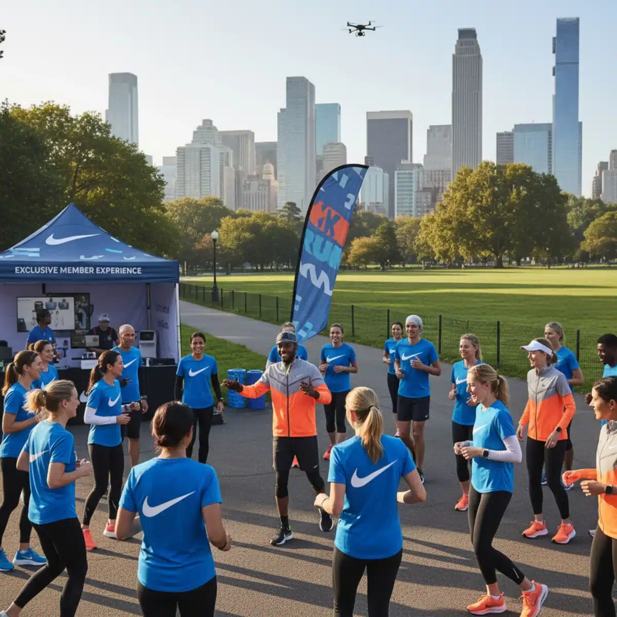 Grupo de personas participando en un evento exclusivo de Nike Run Club en un parque de Estados Unidos.