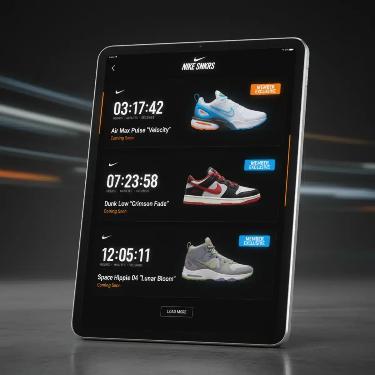 Interfaz de la aplicación Nike SNKRS en una tableta, mostrando próximos lanzamientos de zapatillas con temporizadores y distintivos de exclusividad para miembros.