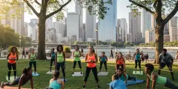Grupo diverso de atletas realizando un entrenamiento de Nike Training Club en un parque urbano de Estados Unidos.