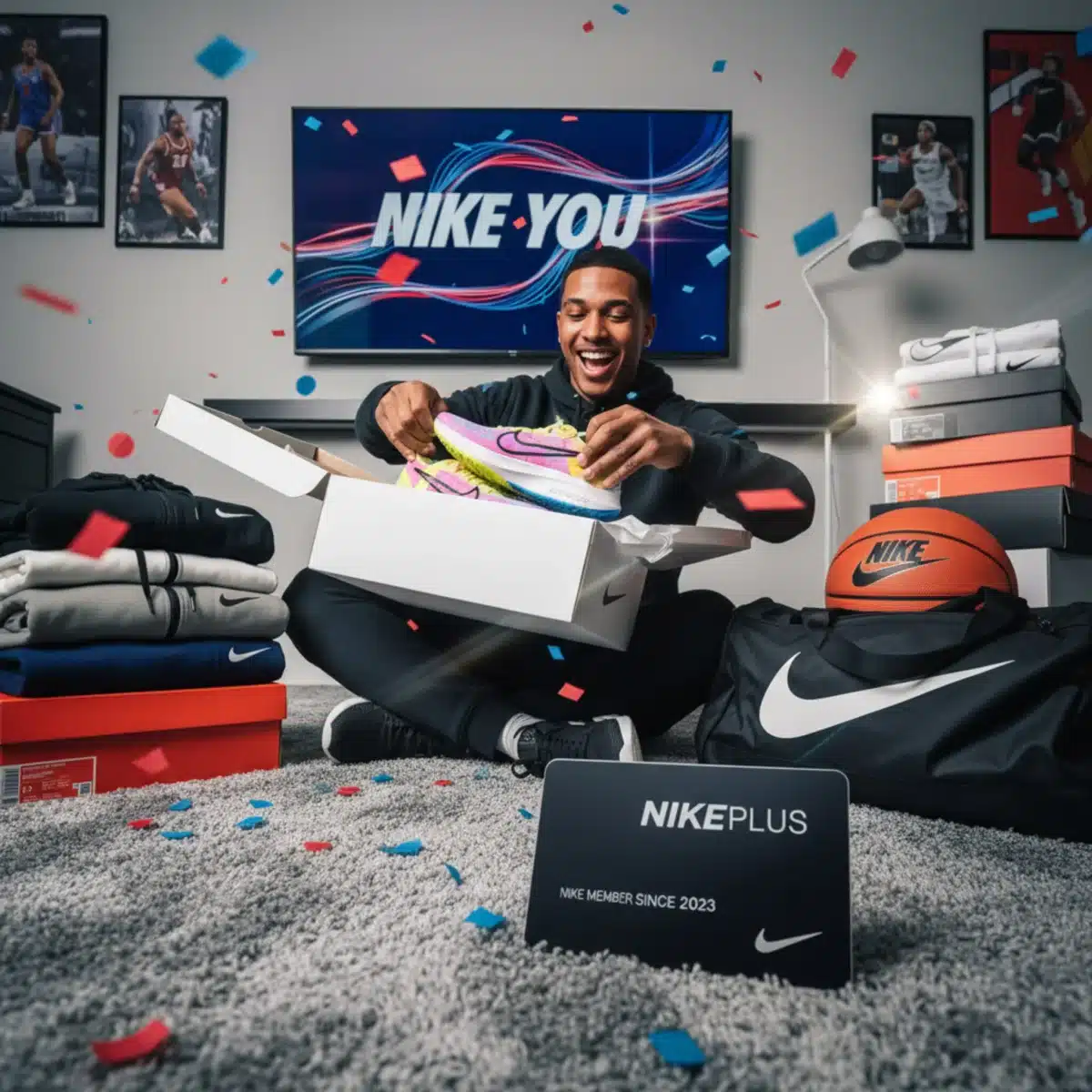 Persona desempaquetando zapatillas Nike nuevas con tarjeta de membresía, simbolizando los beneficios de ser miembro Nike en Estados Unidos.
