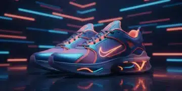 Primer plano de unas nuevas zapatillas Nike futuristas con colores vibrantes, sobre una superficie oscura y elegante.