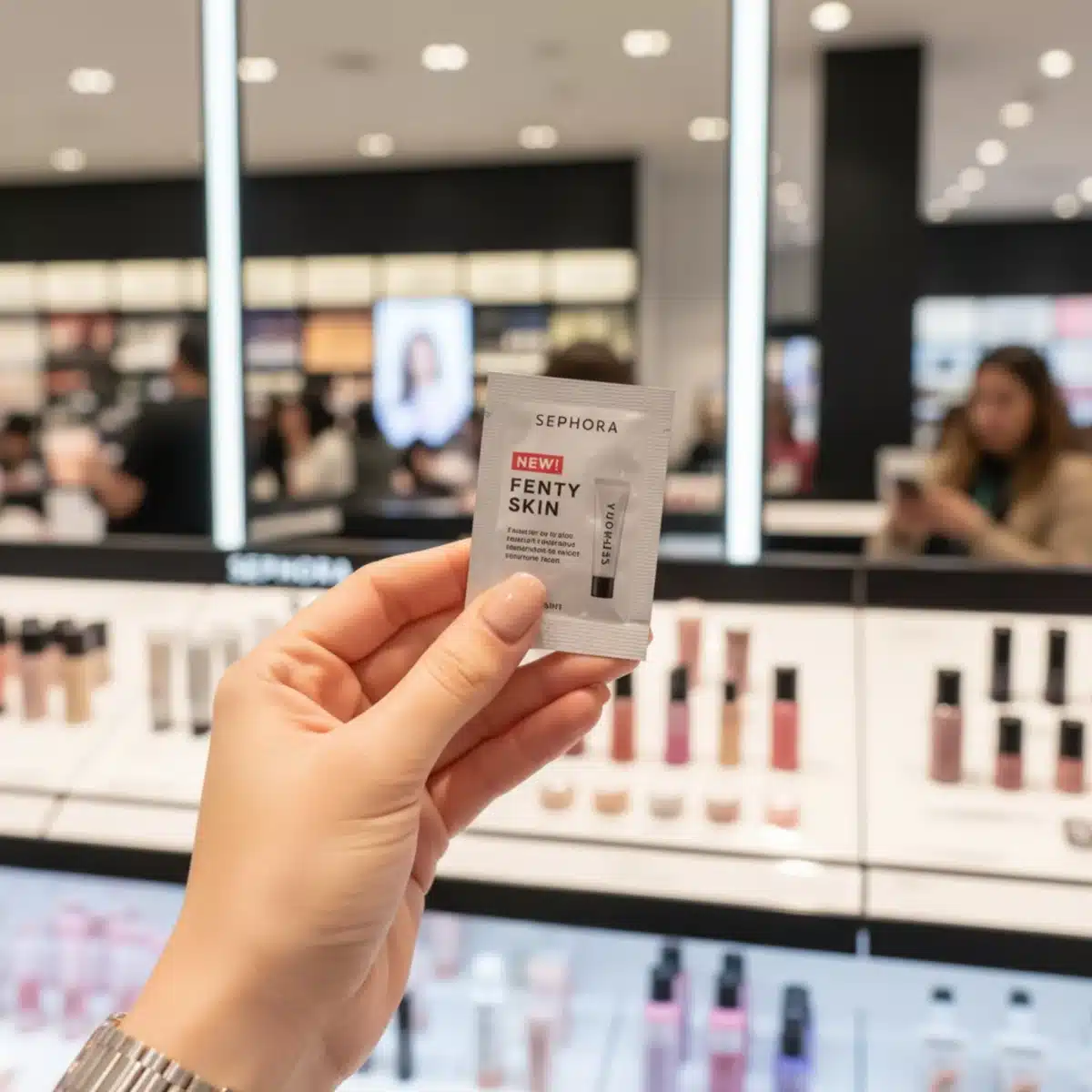 Mano sosteniendo una muestra de producto de Sephora, destacando la experiencia de probar antes de comprar.