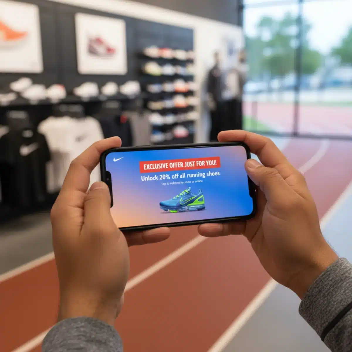 Usuario explorando una oferta personalizada en la Nike App en su teléfono móvil, con un entorno deportivo de fondo.