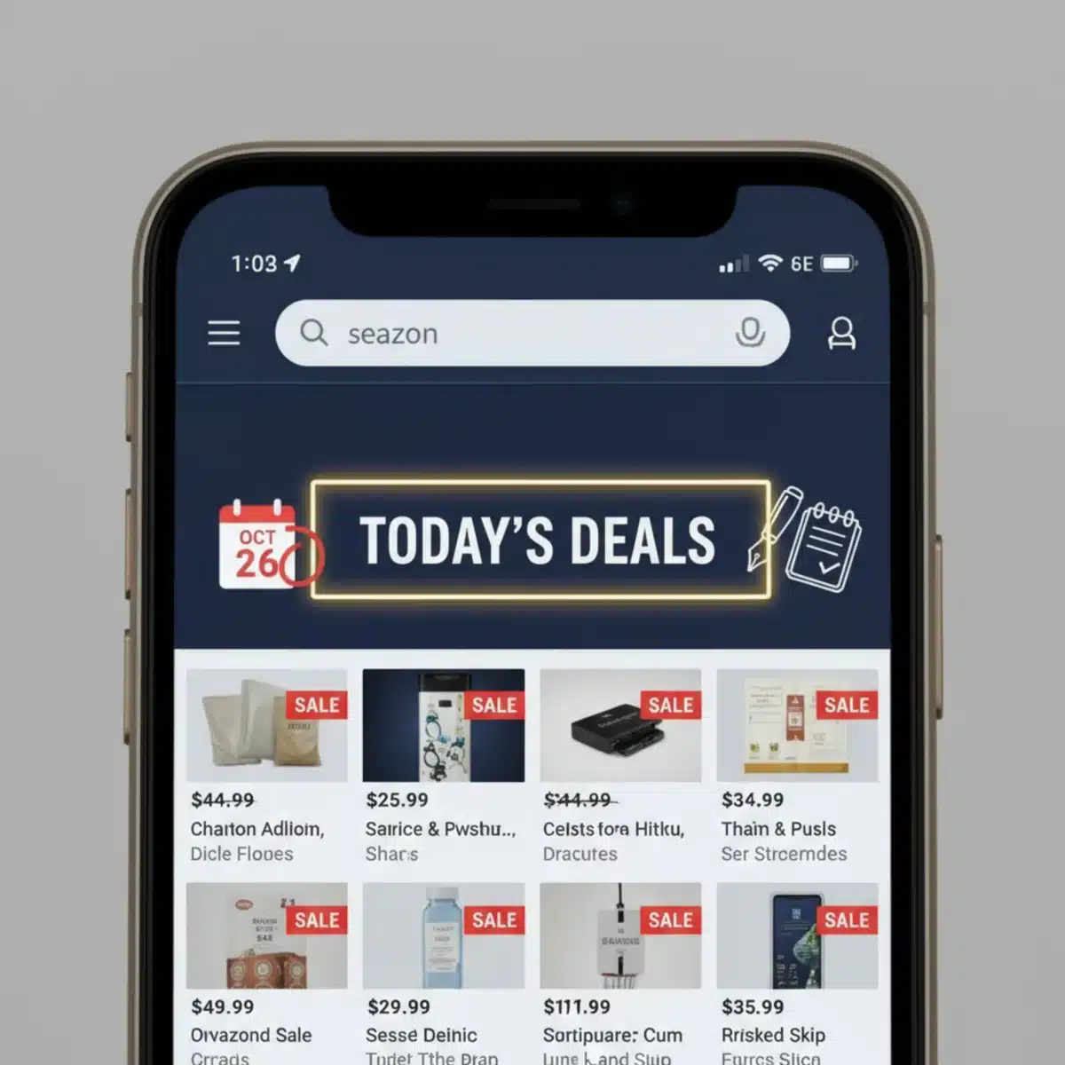 Pantalla de smartphone mostrando la aplicación de Amazon con la sección de ofertas destacada, con un calendario y un bolígrafo, sugiriendo la planificación de compras.
