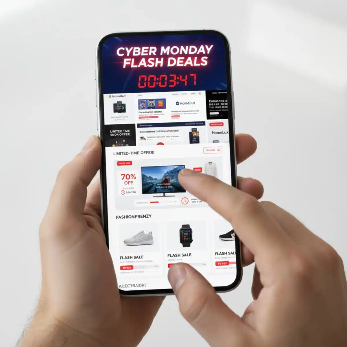 Pantalla de smartphone mostrando ofertas relámpago y temporizadores de cuenta atrás en sitios de comercio electrónico durante el Cyber Monday.