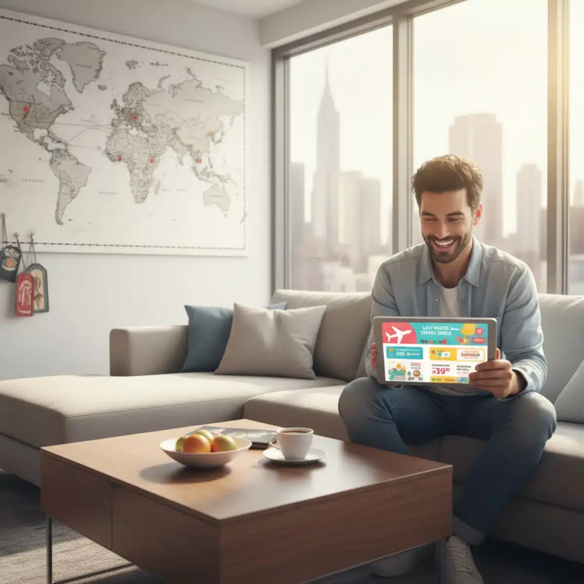 Viajero buscando ofertas de vuelos y hoteles en línea para 2025.