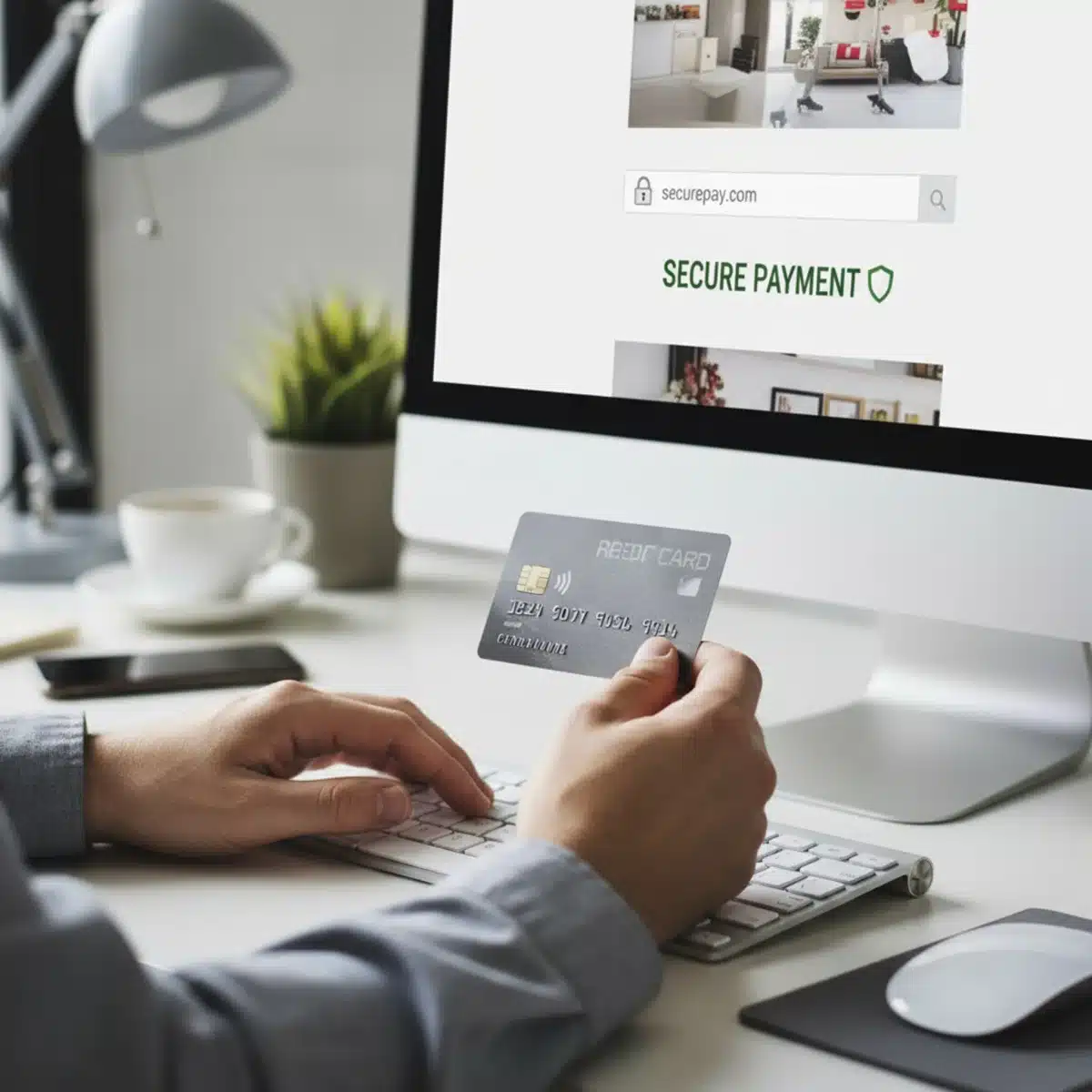 Mano con tarjeta de crédito y otra tecleando en teclado, con icono de seguridad, comprando online.