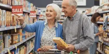 Pareja mayor sonriendo mientras compra en un supermercado, aprovechando descuentos para mayores de 55 años.