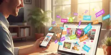 Persona sonriendo mientras aplica un cupón de descuento en una tienda online, con símbolos de ahorro alrededor.