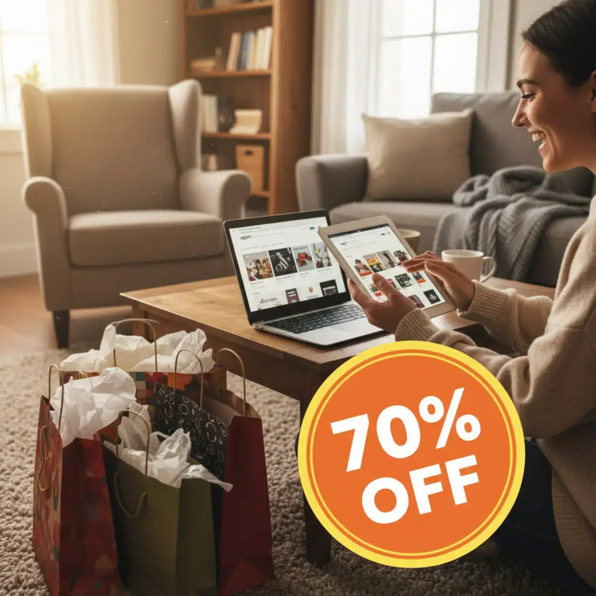 Persona navegando ofertas de Amazon en una tableta, con un gran descuento visible.