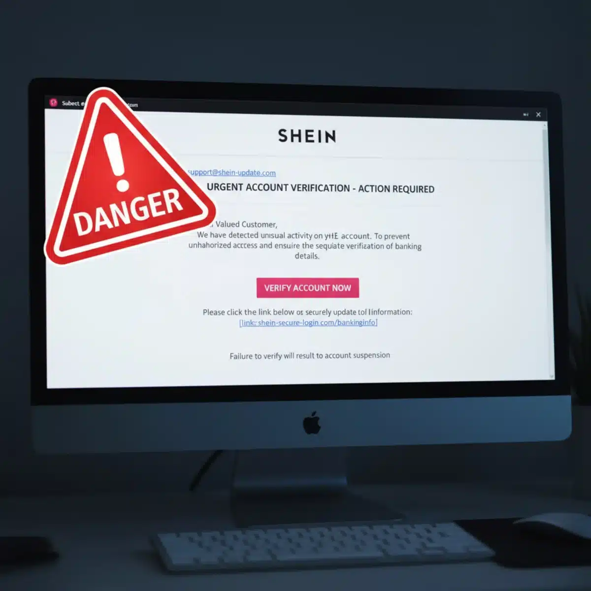 Primer plano de correo electrónico de phishing simulando ser de SHEIN, con advertencia de estafa.