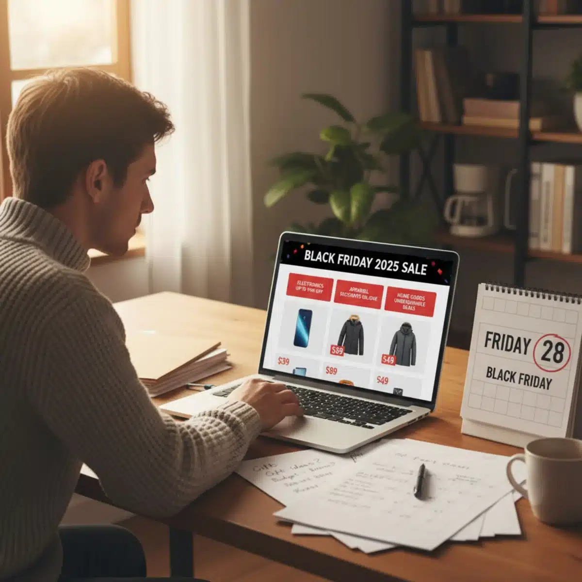 Persona planificando compras online para Black Friday 2025 con su portátil