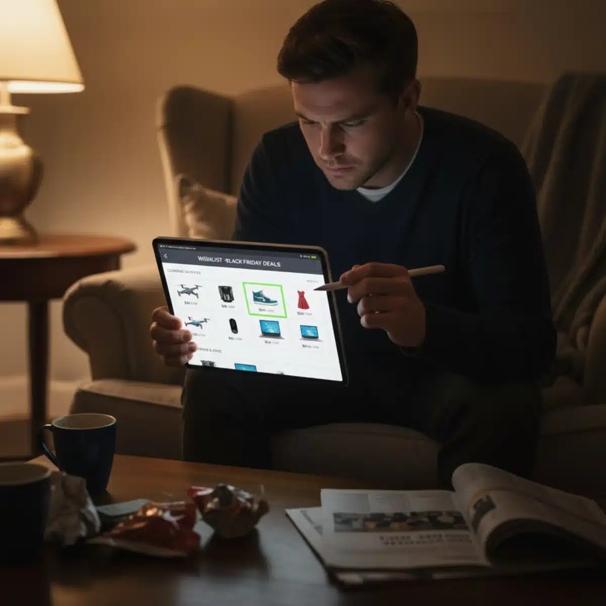 Persona organizando una lista de compras digital en una tableta, preparándose para las ofertas de Amazon Prime Day.