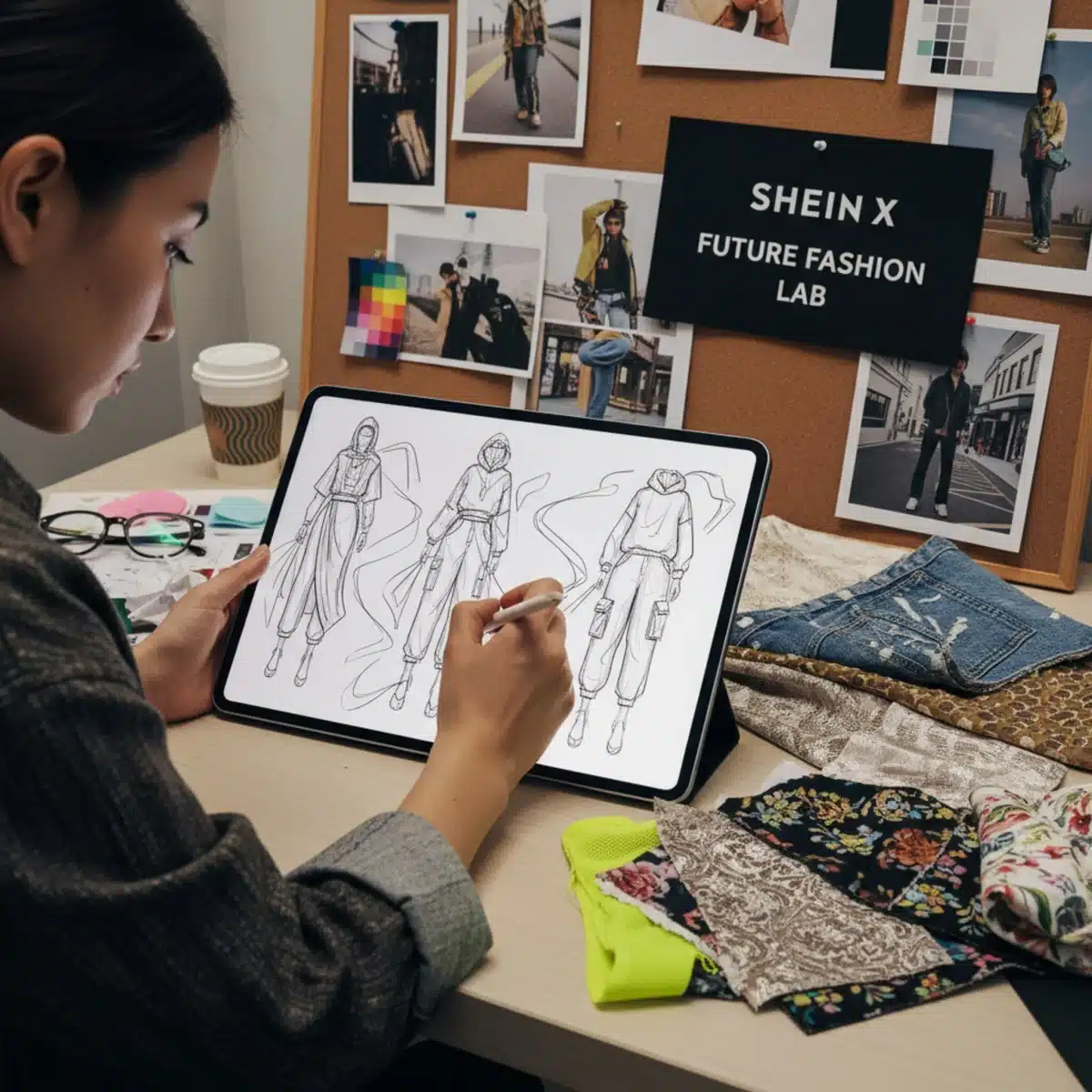Diseñador emergente creando bocetos para una nueva colección de SHEIN, mostrando el proceso creativo.