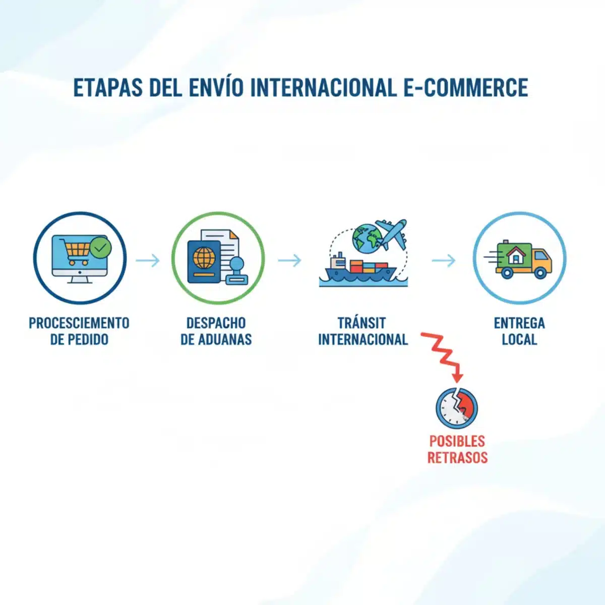 Diagrama explicativo de las etapas del proceso de envío internacional y aduanas para compras online.
