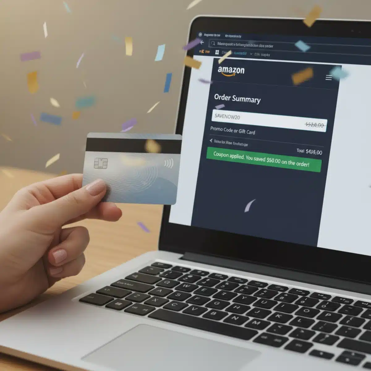 Proceso de pago en Amazon con un campo de código de descuento visible, y una mano sosteniendo una tarjeta de crédito, simbolizando el ahorro.