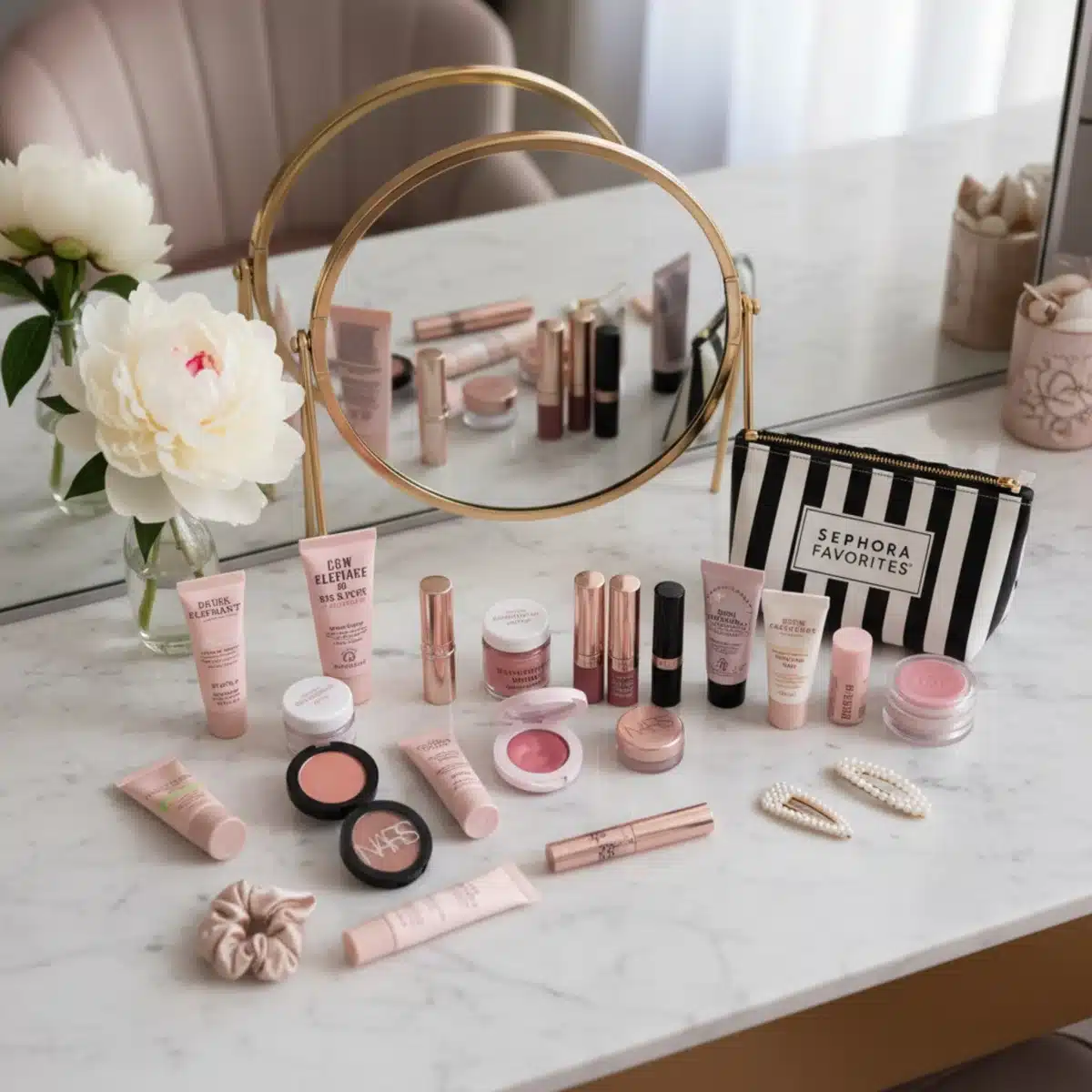 Variedad de productos de belleza miniatura de Sephora Favorites en un tocador.