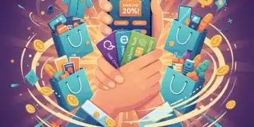 Manos sosteniendo tarjetas de fidelidad y un smartphone con una aplicación de puntos, rodeadas de bolsas de compra y signos de dólar, simbolizando descuentos exclusivos y ahorros de hasta el 20% en programas de recompensas.
