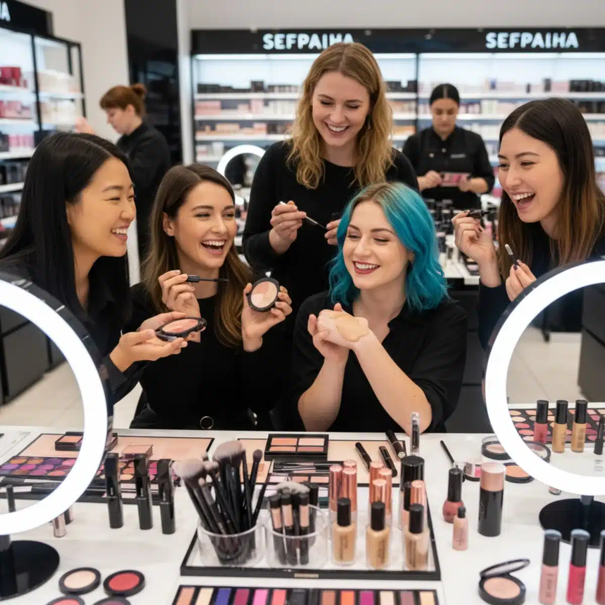 Grupo de amigos probando productos de belleza en una estación de Sephora.