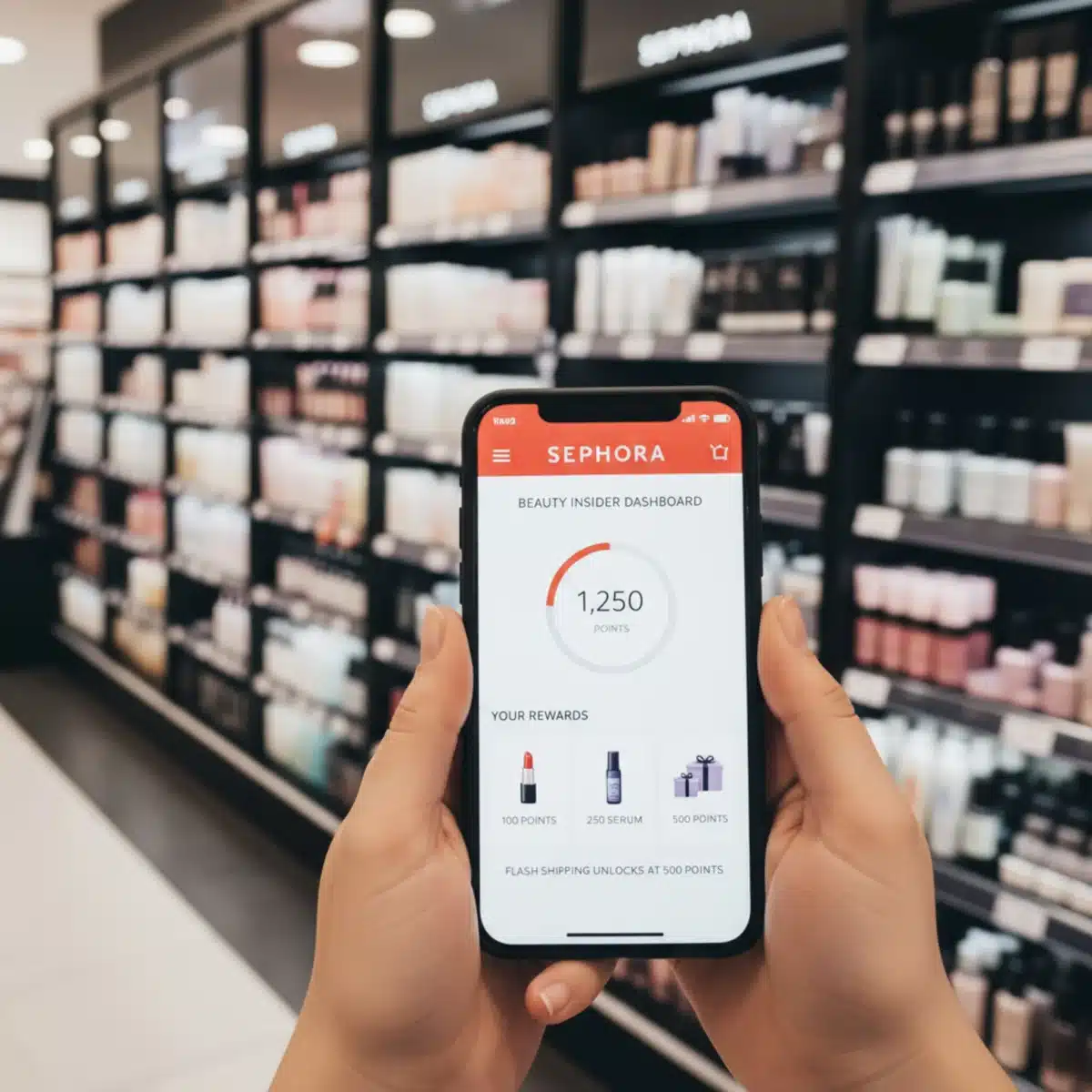 Persona consultando la aplicación de Sephora con su panel de Beauty Insider y puntos acumulados.