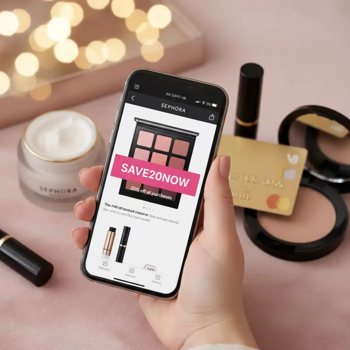 Mano sosteniendo un smartphone con la aplicación de Sephora y un código de descuento.
