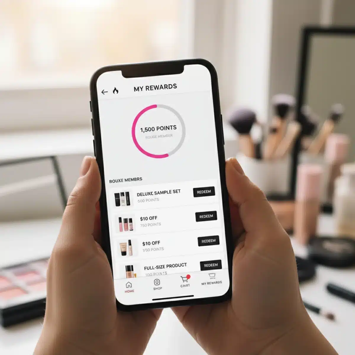 Pantalla de smartphone con la aplicación de Sephora mostrando puntos y recompensas disponibles.