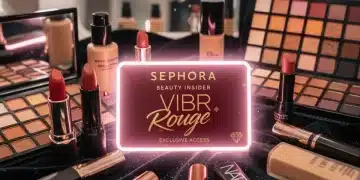 Tarjeta Beauty Insider VIB Rouge de Sephora rodeada de productos de maquillaje y cuidado de la piel de lujo.