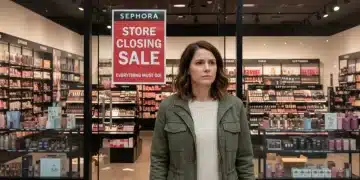 Mujer frente a un Sephora Inside JCPenney con cartel de cierre, pensativa sobre el futuro de sus compras de belleza.