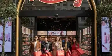 Entrada de una tienda Sephora con un cartel de 'Sephora Rewards 2025' y clientes felices.