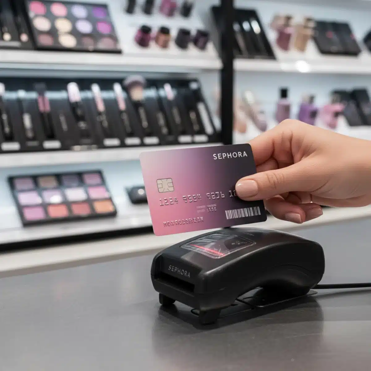 Tarjeta de fidelización Sephora Rewards siendo escaneada en el mostrador.